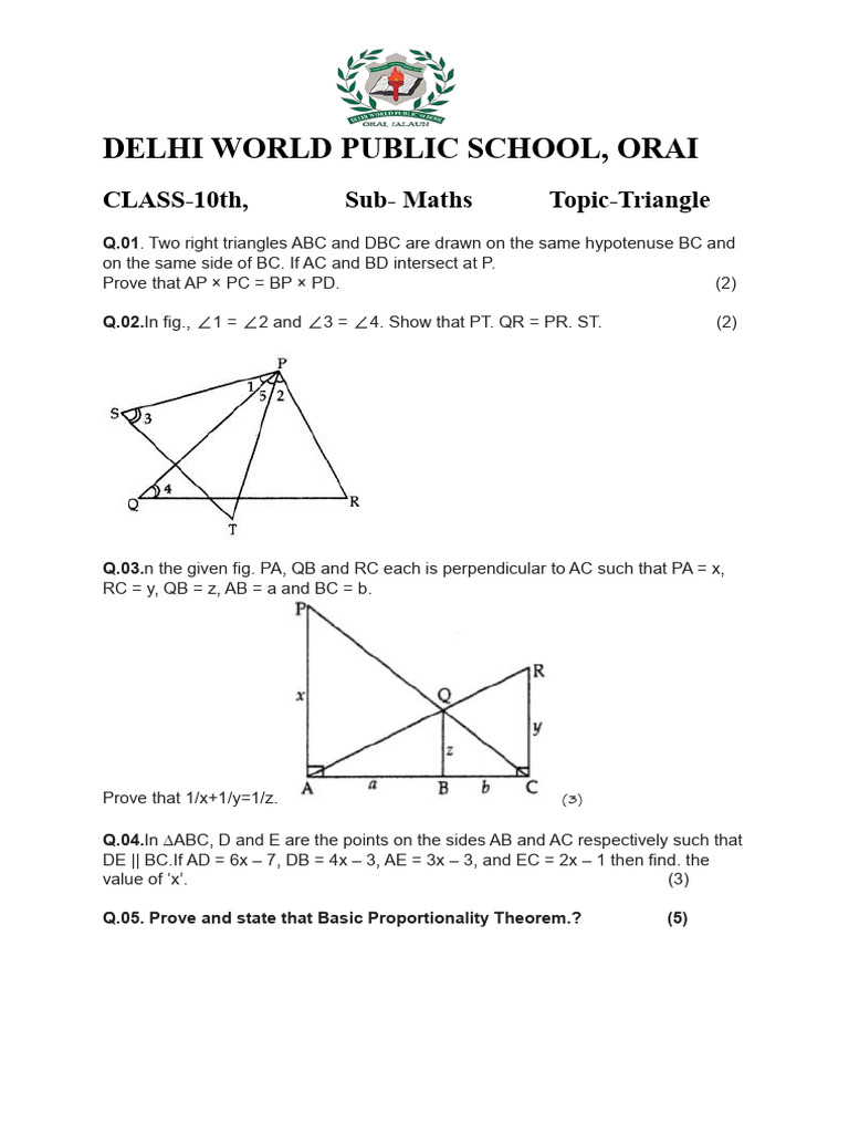 Class 10 Maths Triangle Theorems | PDF