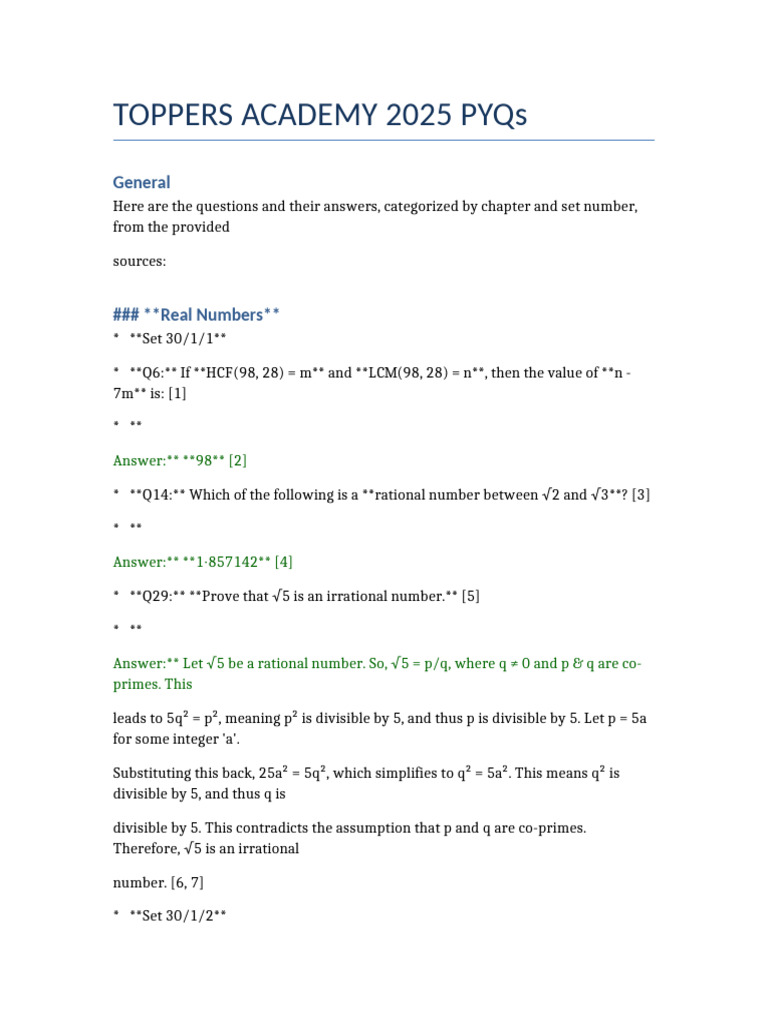 Toppers Academy 2025 PYQs: Real Numbers | PDF | Zero Of A Function ...