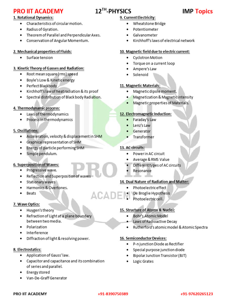 Key 12th Physics Topics for IIT Prep | PDF | Magnetic Field ...