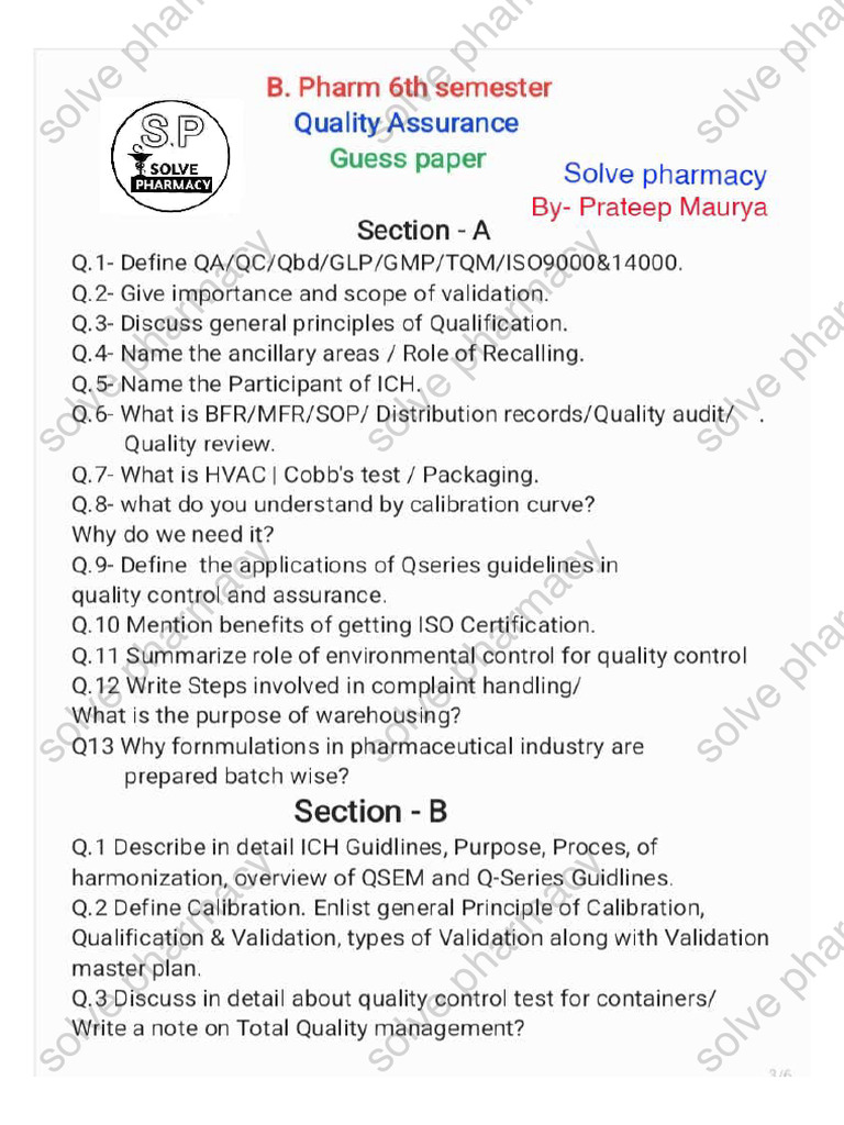 Quality Assurance, Guess Paper, B.pharm 6th Sem - Solve Pharmacy ...