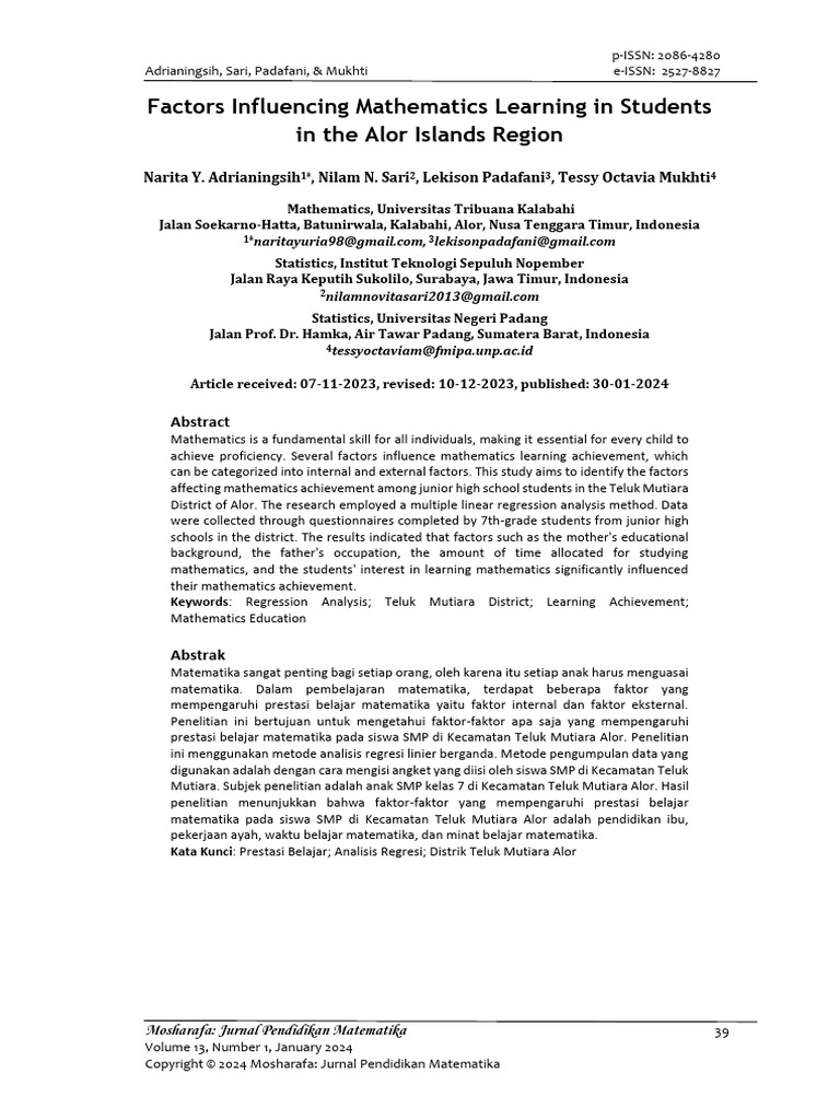 Factors Affecting Math Learning in Alor | PDF | F Test | Student's T Test