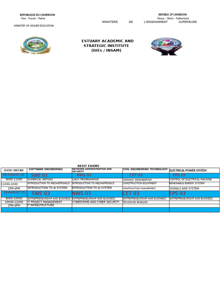 Cameroon Higher Education Resit Exam Schedule | PDF