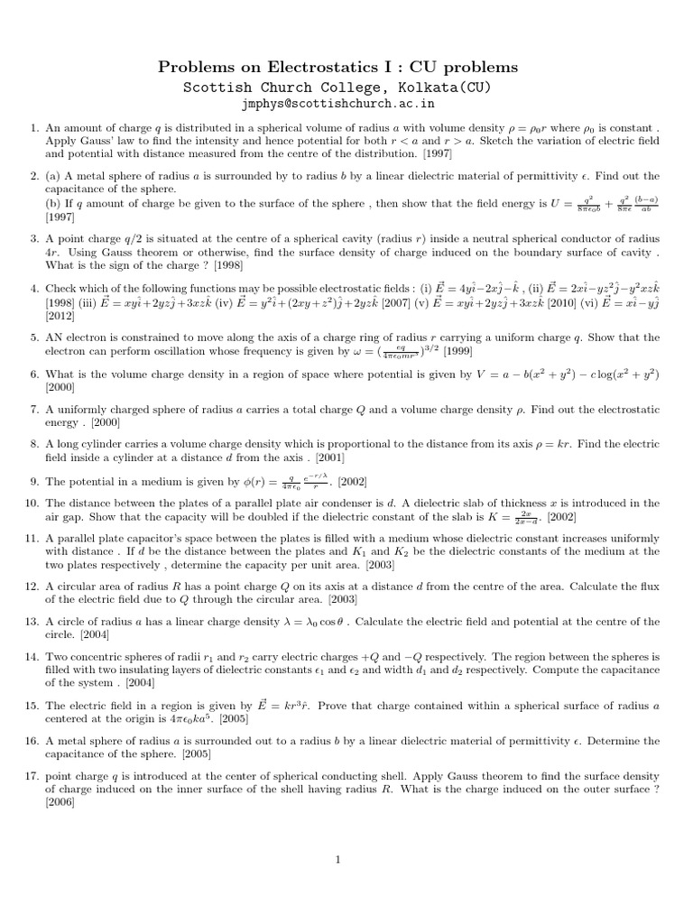 Electrostatics Problems for CU Students | PDF | Sphere | Electric Field