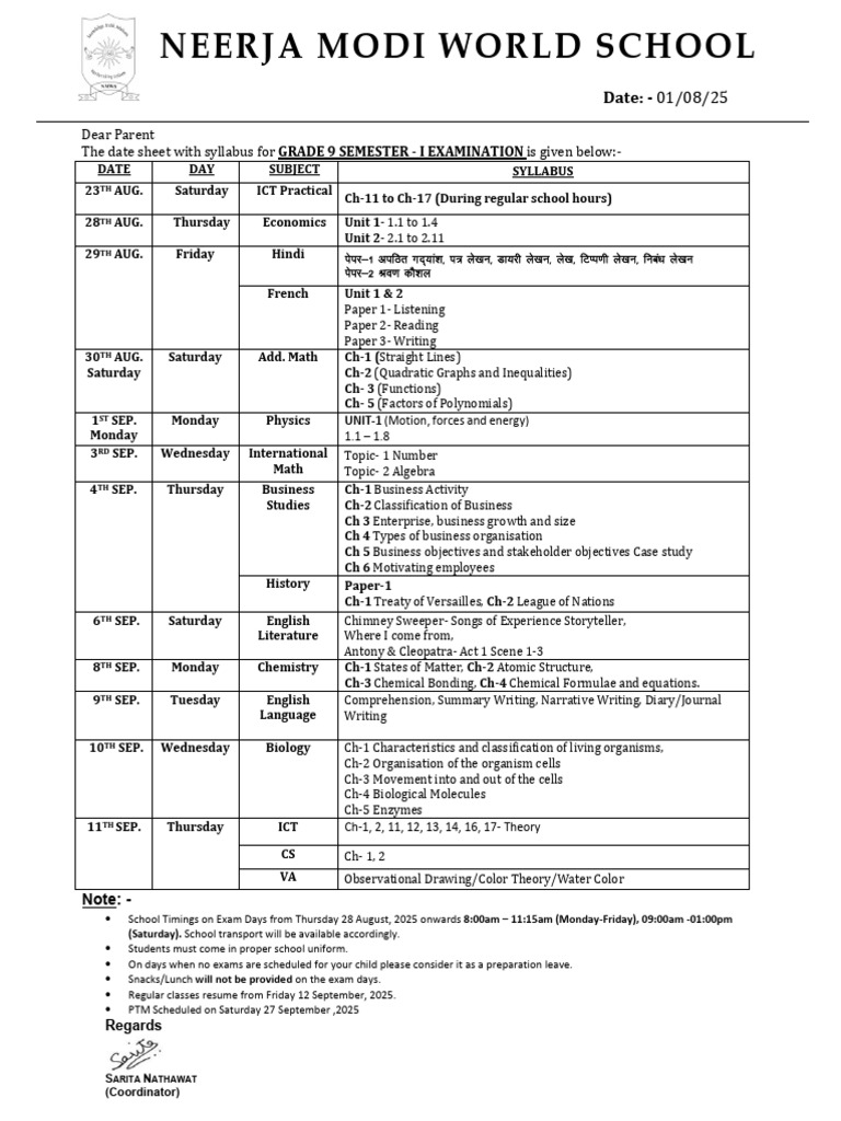 Grade 9 Semester I Exam Date Sheet | PDF | Mathematics | Physical Sciences