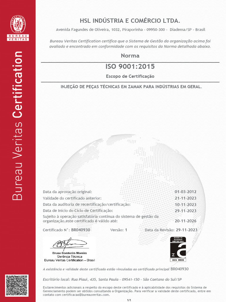 Certificação ISO 9001:2015 da HSL Indústria | PDF