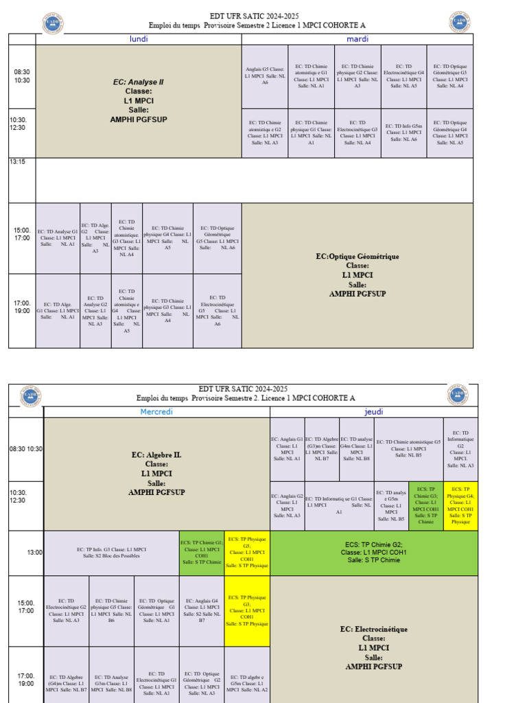 Emploi du Temps L1 MPCI Semestre 2 | PDF | Sciences physiques | Échecs