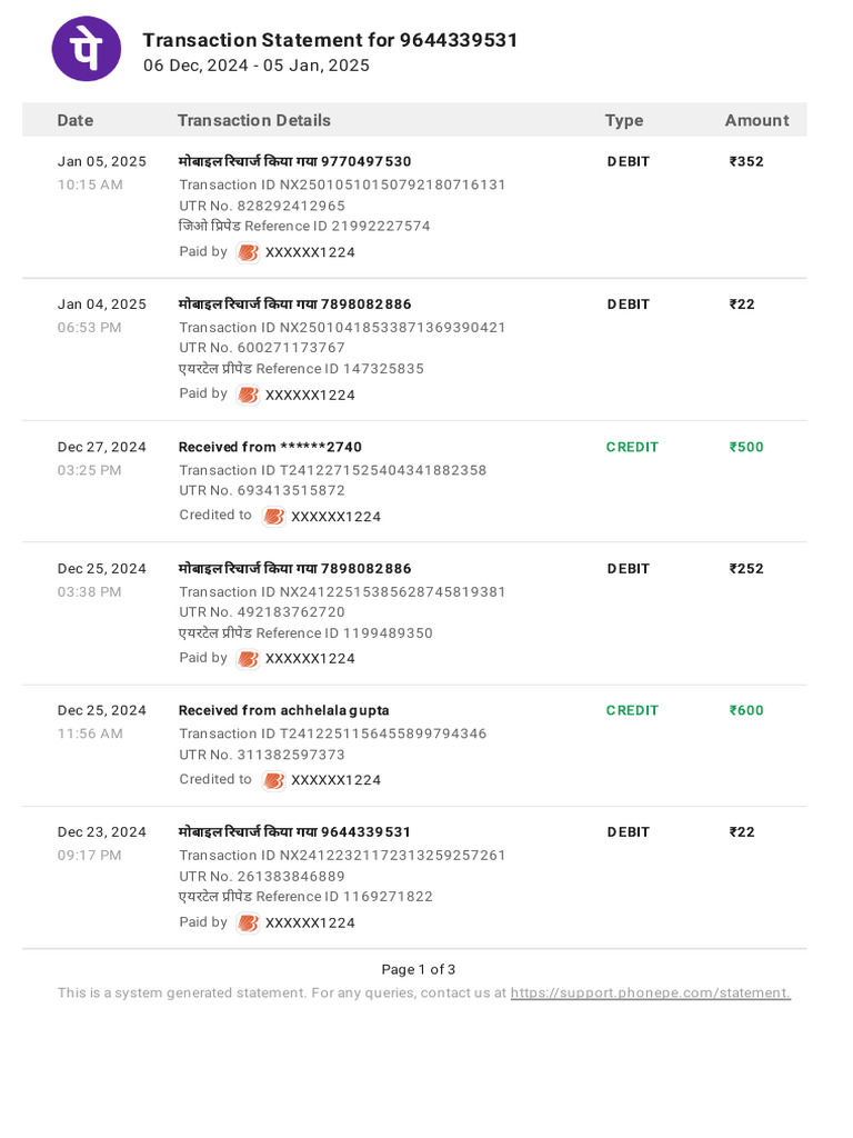 PhonePe Transaction Statement Summary | PDF