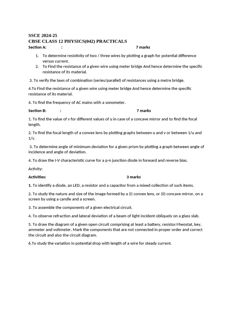 CBSE Class 12 Physics Practicals Guide | PDF