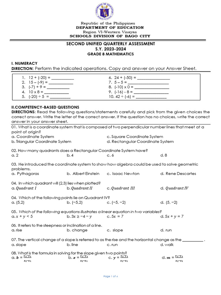 Grade 8 Math Quarterly Assessment | PDF | Cartesian Coordinate System ...
