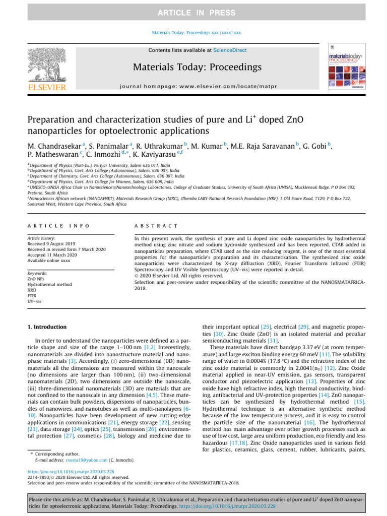 (2021) Preparation and Characterization Studies of Pure and Li+ Doped ...