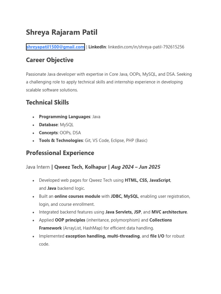 Java Developer Resume of Shreya Patil | PDF