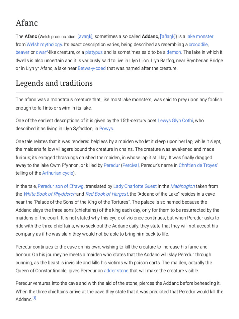 The Afanc: Welsh Lake Monster Myth | PDF | Welsh Mythology | Wales