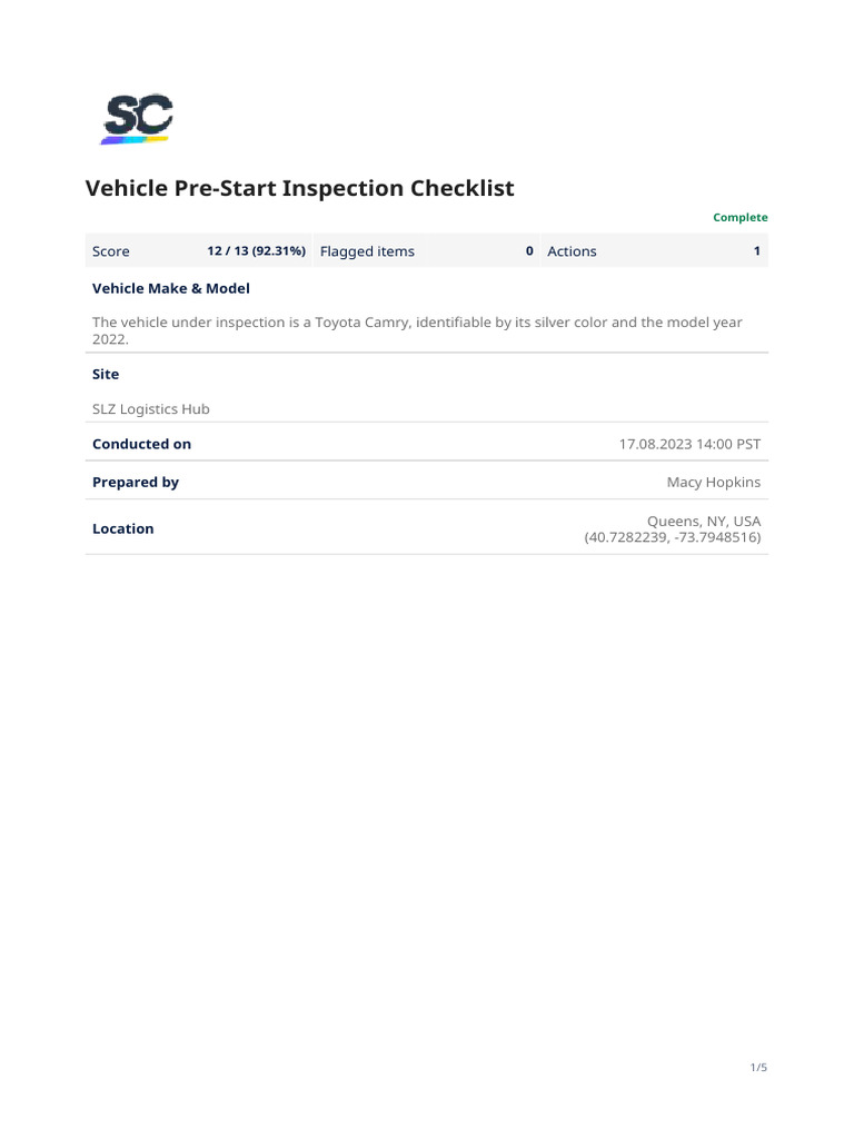 Vehicle Pre-Start Inspection Checklist | PDF | Vehicle Technology ...