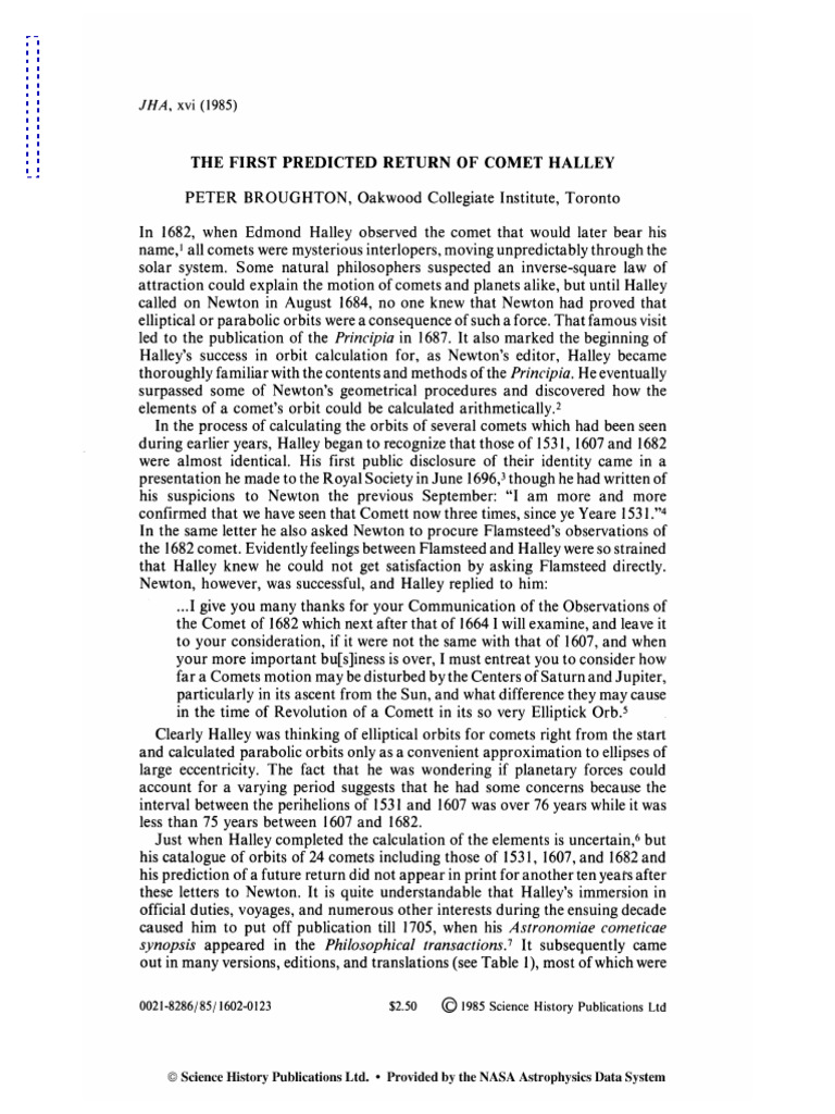Halley's Comet 1985JHA 16 123B Broughton Halley Predicted Return | PDF