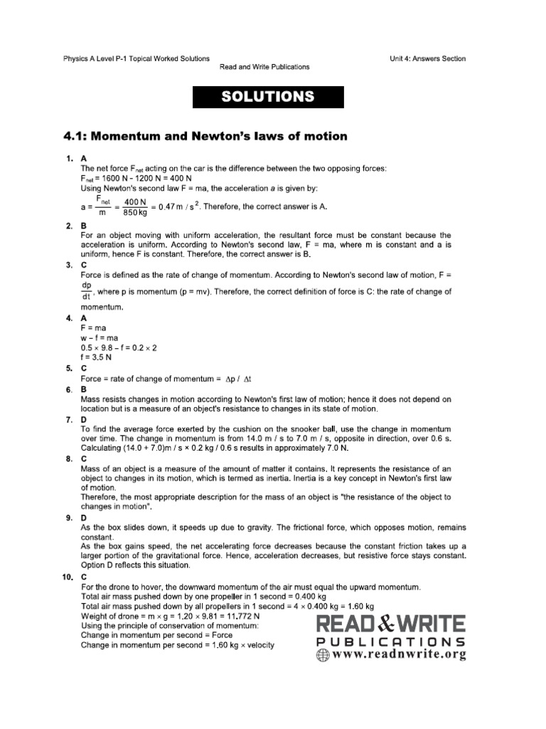 9702 Unit 4 Dynamics Solutions | PDF