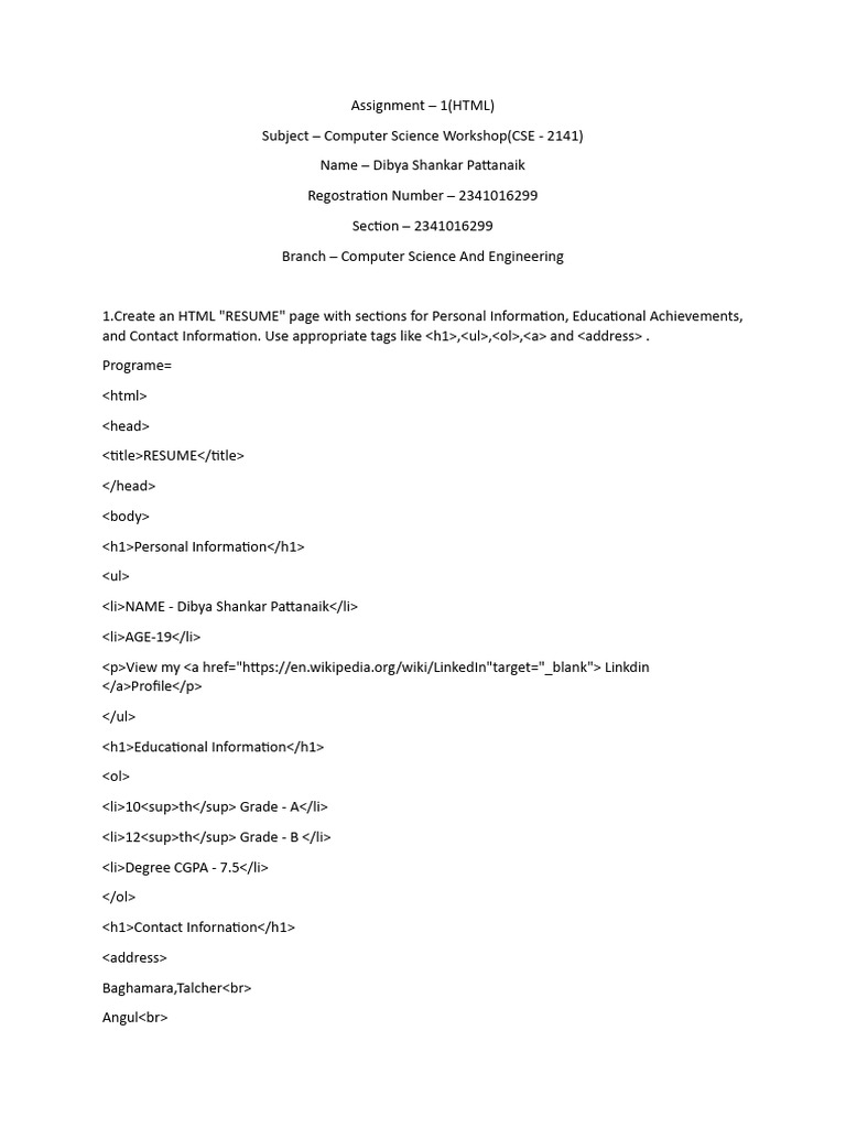 HTML Projects for Computer Science Assignment | PDF | Html Element | Html