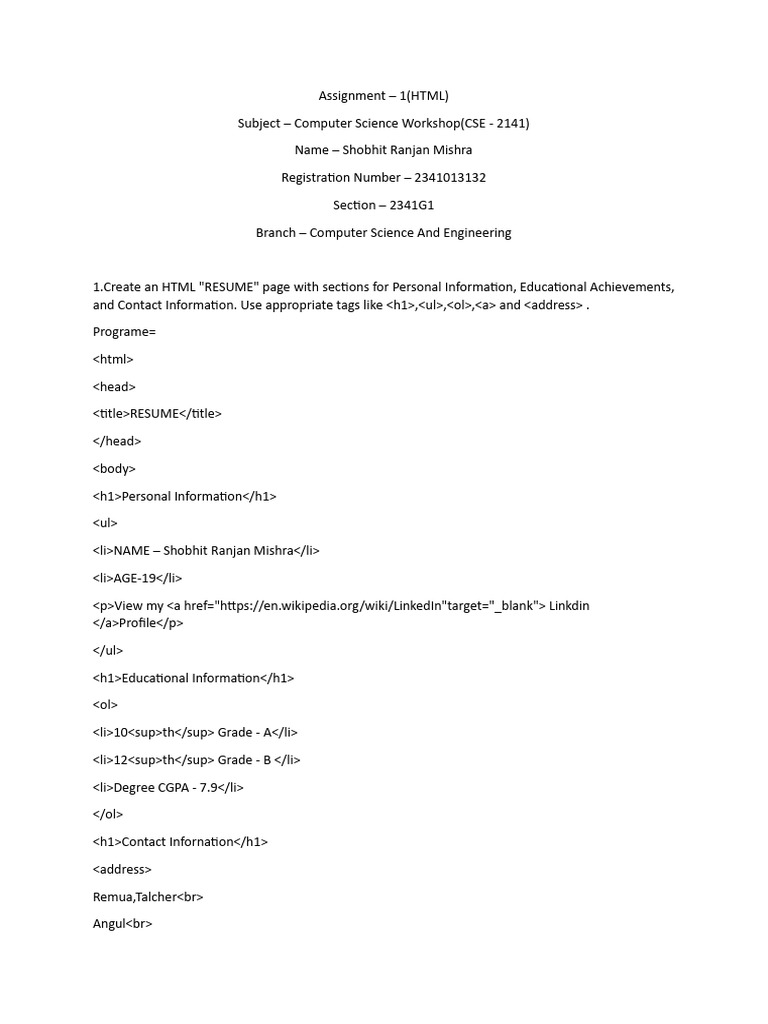 HTML Assignment: Resume, Gallery, Reports | PDF | Html Element | Html