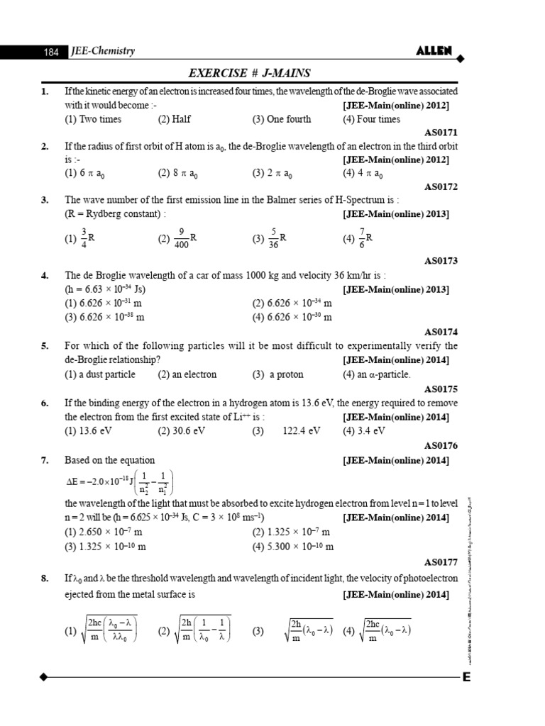 JEE Chemistry Exercises on Atomic Structure | PDF | Electron | Atoms