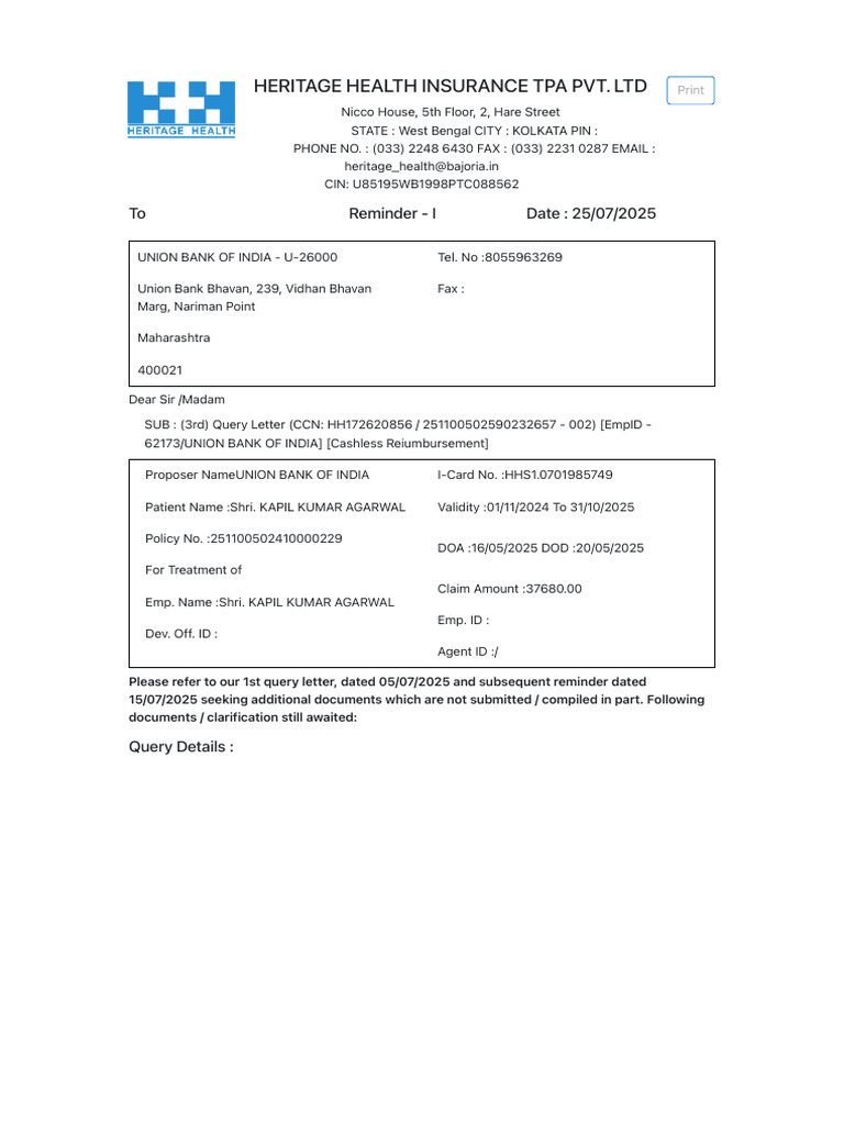 Third Query Letter for Insurance Claim | PDF