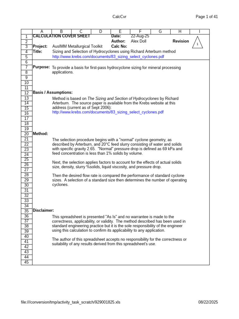 Hydrocyclone Sizing Calculation Guide | PDF | Viscosity | Pressure