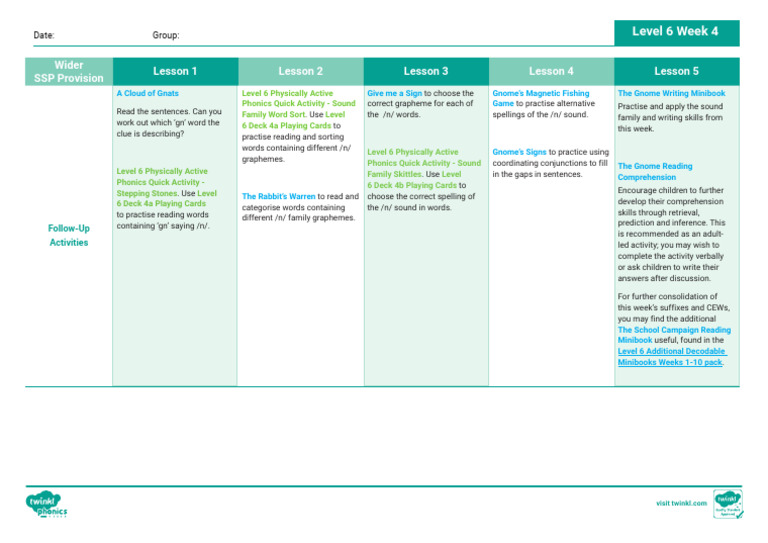 Level 6 Week 4 Weekly Plan Wider SSP | PDF | Phonics | Learning Methods