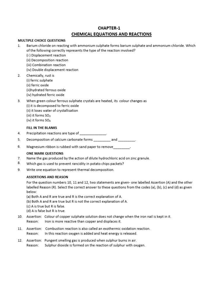 Chemical Reactions MCQs and Exercises | PDF | Chemical Reactions | Oxide