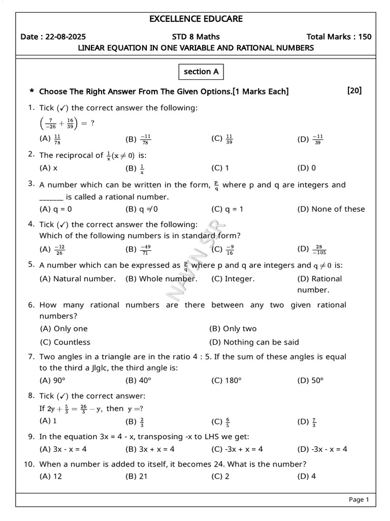 Grade 8 Math: Linear Equations & Rational Numbers | PDF | Algebra ...