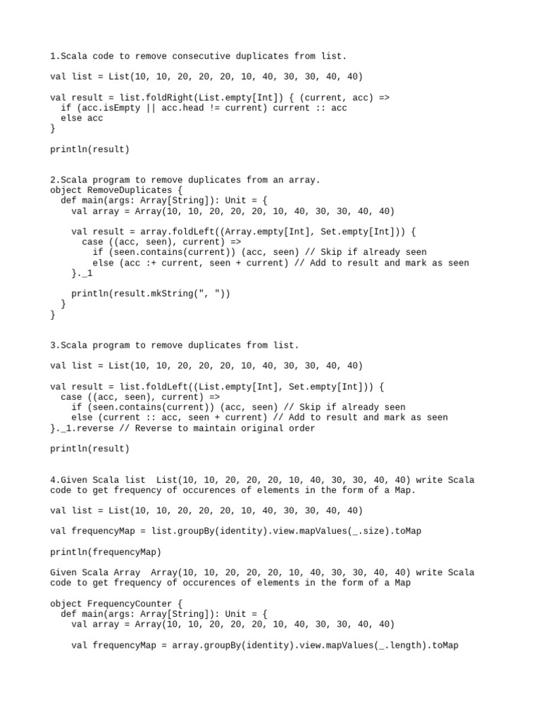 Scala Code for List and Array Duplicates | PDF | Scala (Programming ...