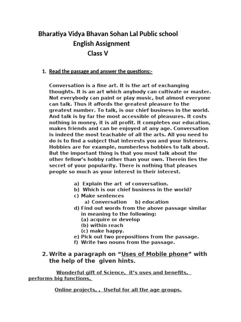 Class V English Assignment Guide | PDF | Sentence (Linguistics ...