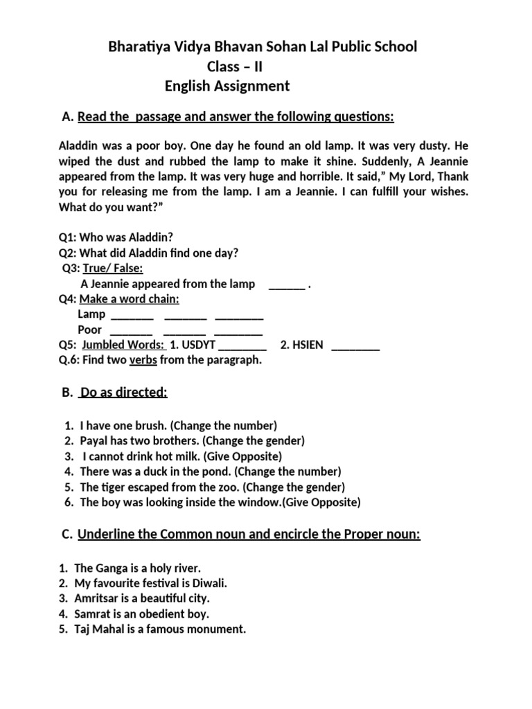 Class II English Assignment on Aladdin | PDF