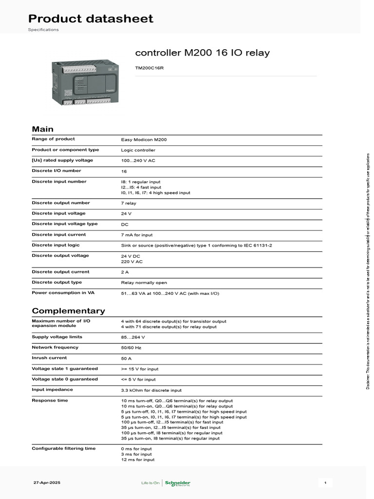 Modicon M200 Controller Specifications | PDF | Logic Gate | Relay
