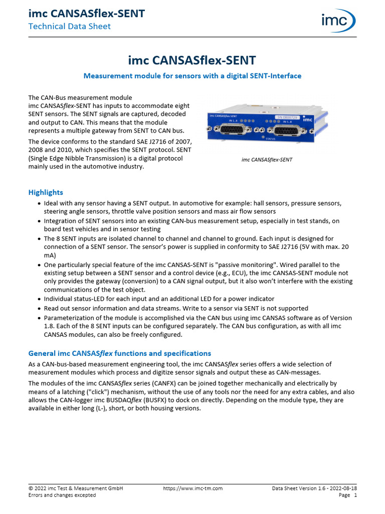 imc CANSASflex-SENT Data Sheet | PDF | Electrical Connector | Power Supply