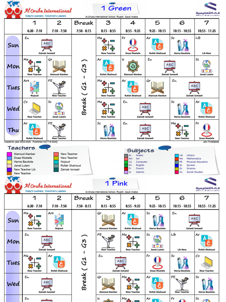 2025-2026 Timetable for Al-Oruba School | PDF | Science