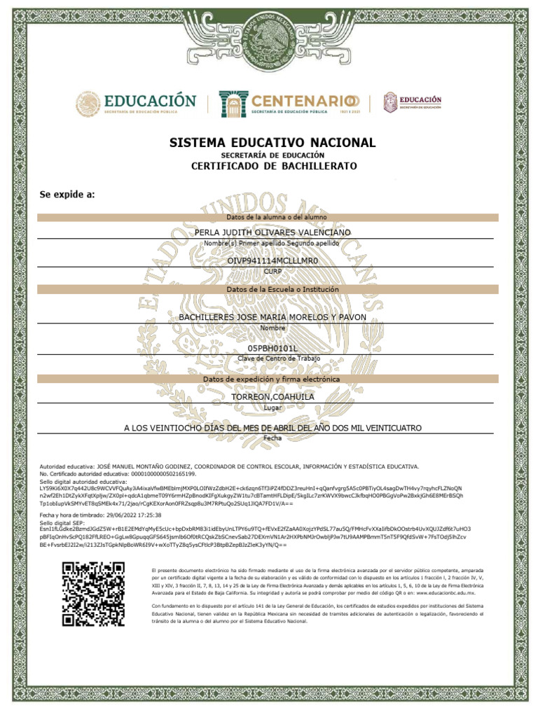 Certificado de Bachillerato SEP 2024 | PDF