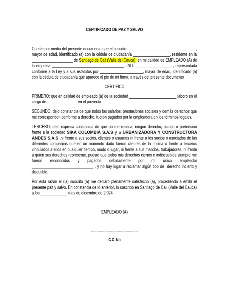 Certificado de Paz y Salvo Laboral | PDF