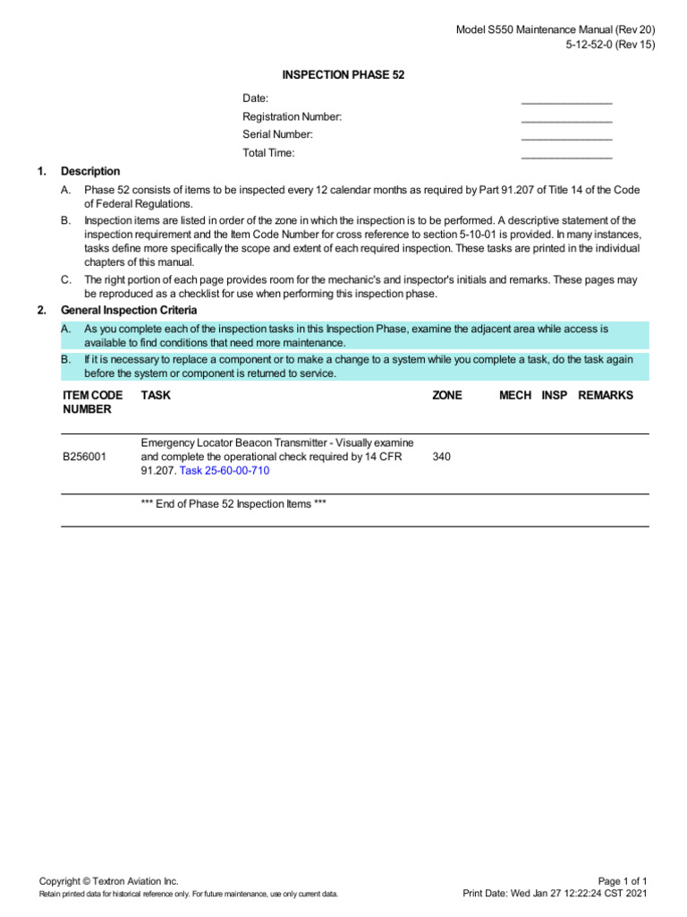Phase 52 Aircraft Inspection Checklist | PDF