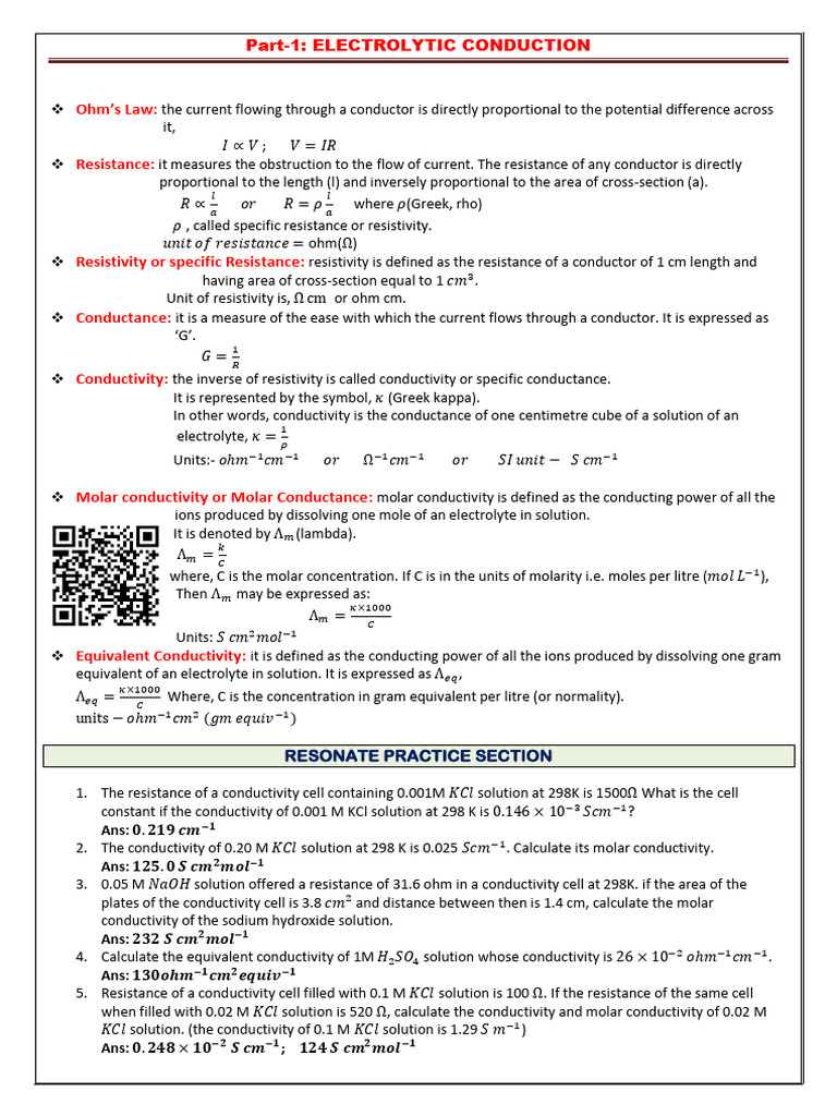 Conductivity and Resistance of Electrolytes | PDF | Electrical ...