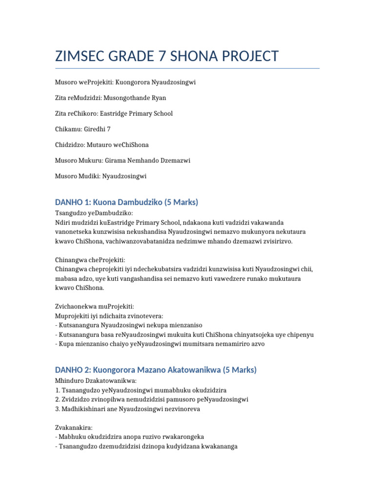 Nyaudzosingwi Project for Grade 7 Shona | PDF | Linguistics | Languages ...