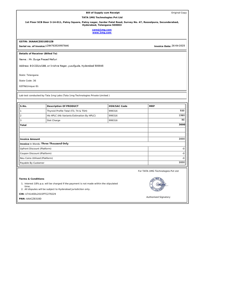 TATA 1MG Invoice for Lab Tests | PDF | Business Documents | Endocrine ...