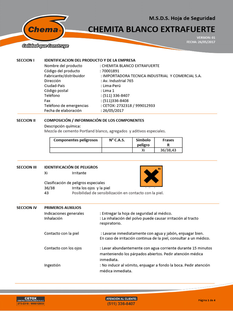 Hs Chemita Blanco Extrafuerte v01 | PDF | Agua | Cemento