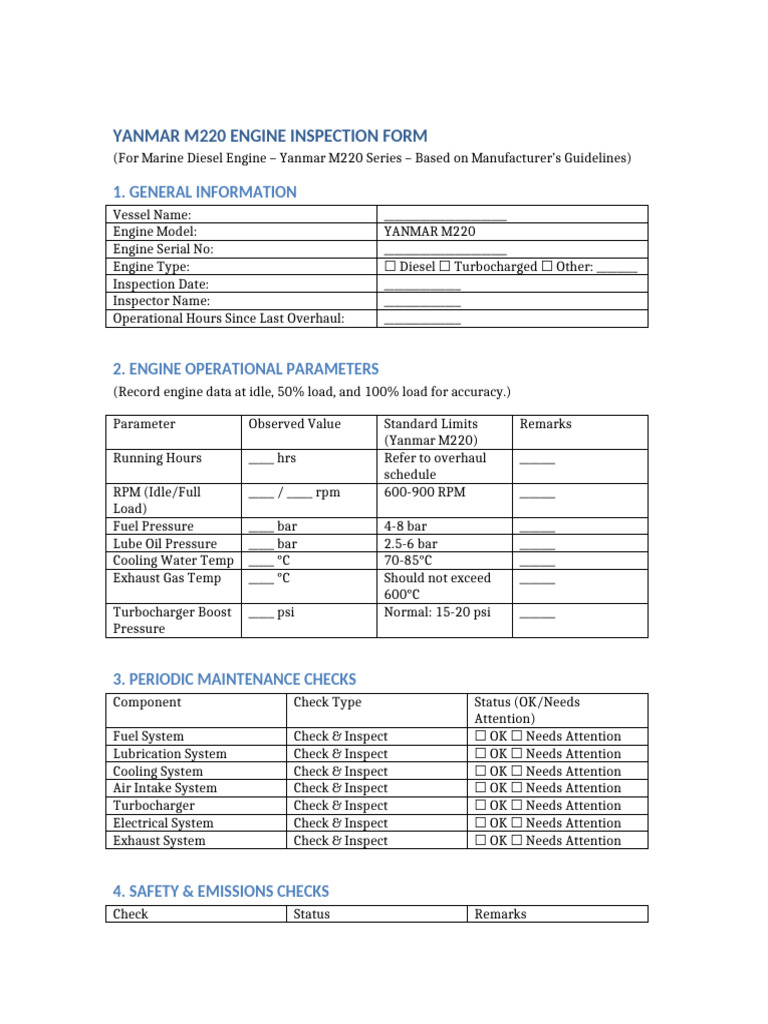 Yanmar M220 Engine Inspection Checklist | PDF | Diesel Engine | Engines