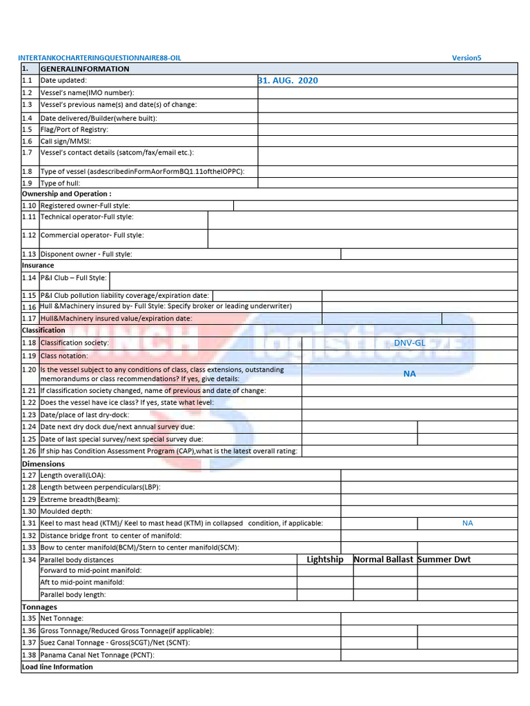 INTERCARGO Oil Tanker Questionnaire 2020 | PDF | Tonnage | Ships