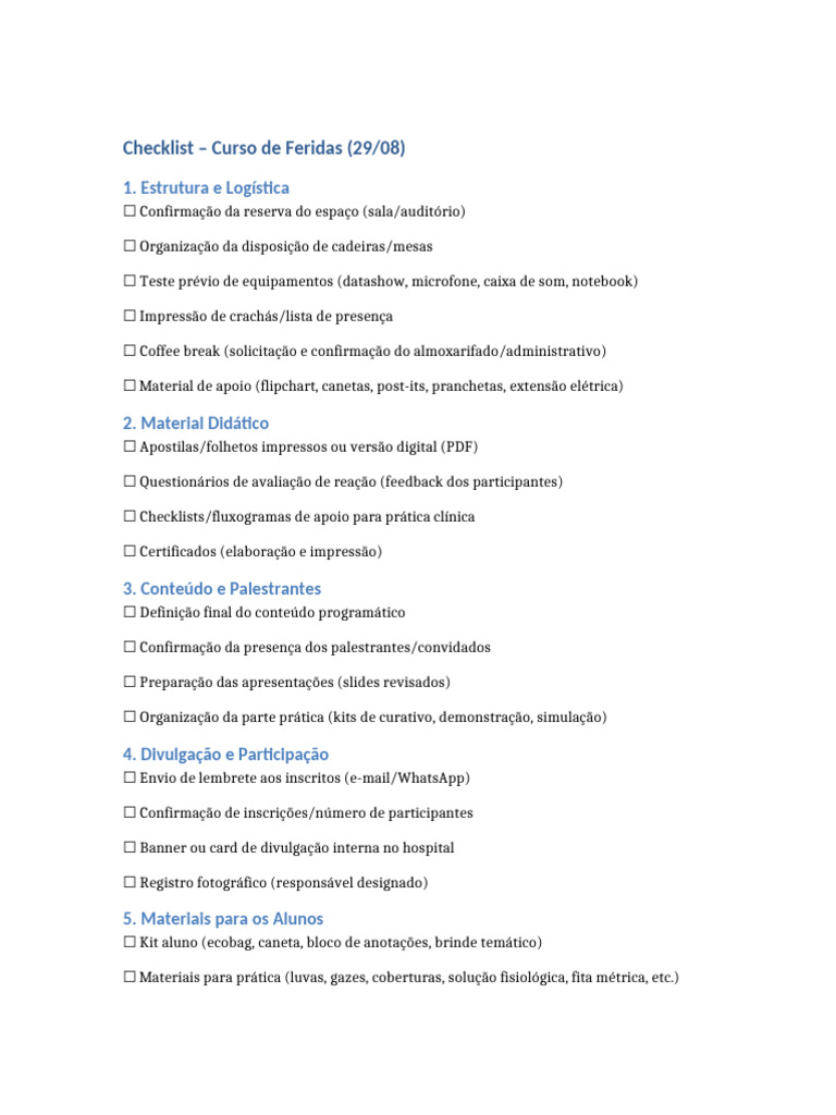 Checklist para Curso de Feridas | PDF