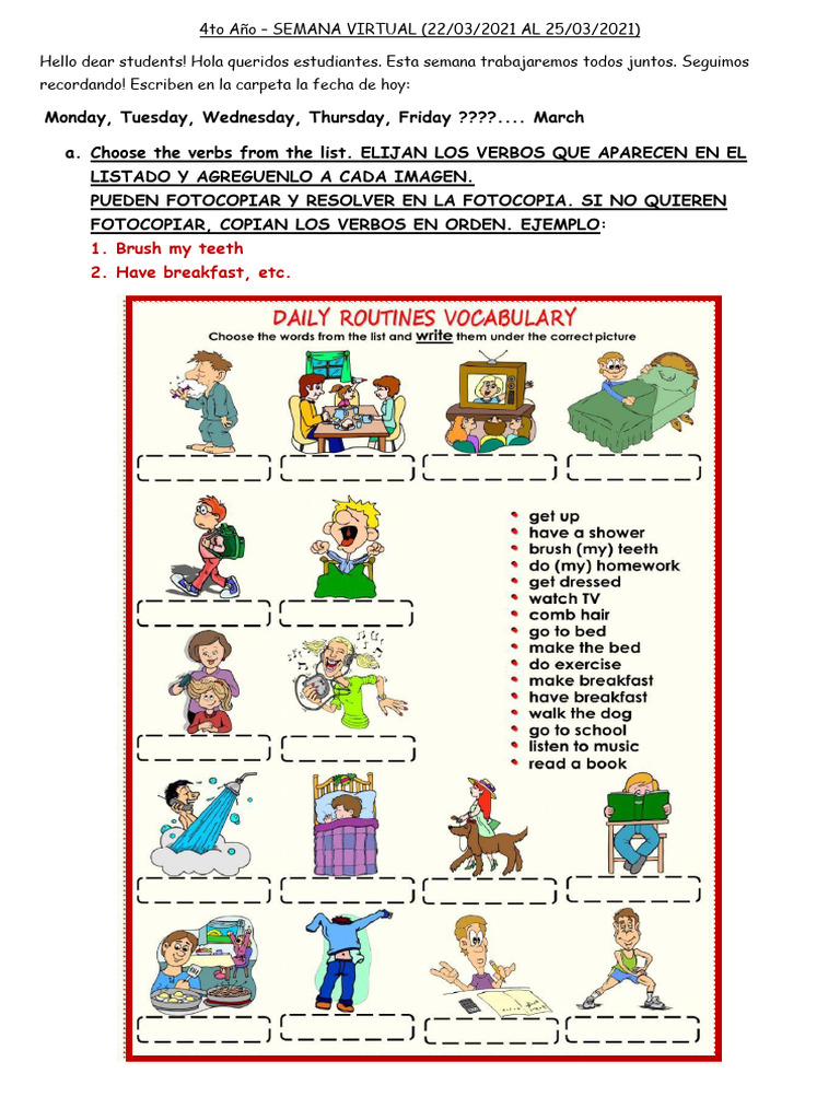 Verbos en inglés: Actividades semanales | PDF