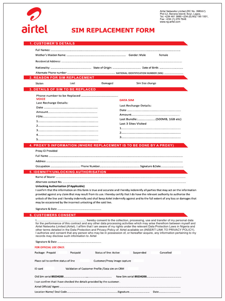 Airtel SIM Replacement Consent Form | PDF