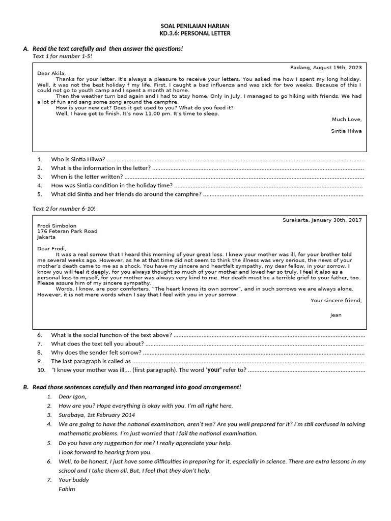 Daily Assessment: Personal Letter Exercises | PDF