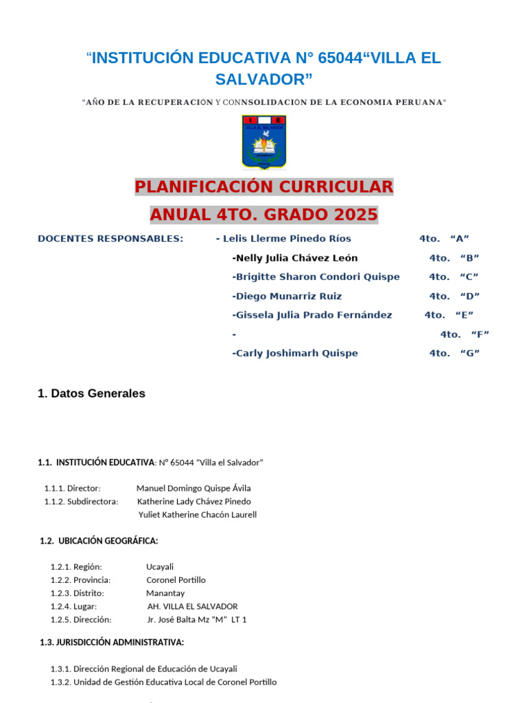 Planificación Curricular 4to Grado 2025 | PDF | Aprendizaje | Evaluación