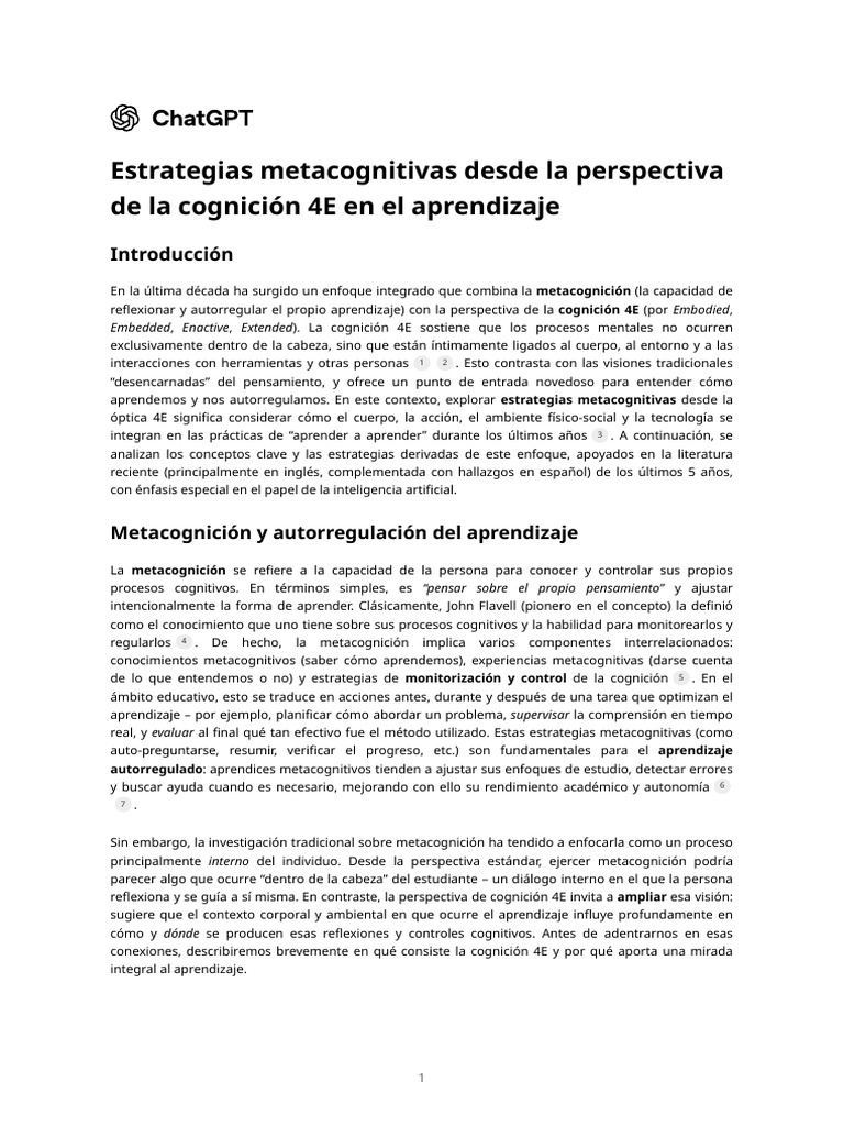 Estrategias Metacognitivas 4E en Aprendizaje | PDF | Metacognición ...