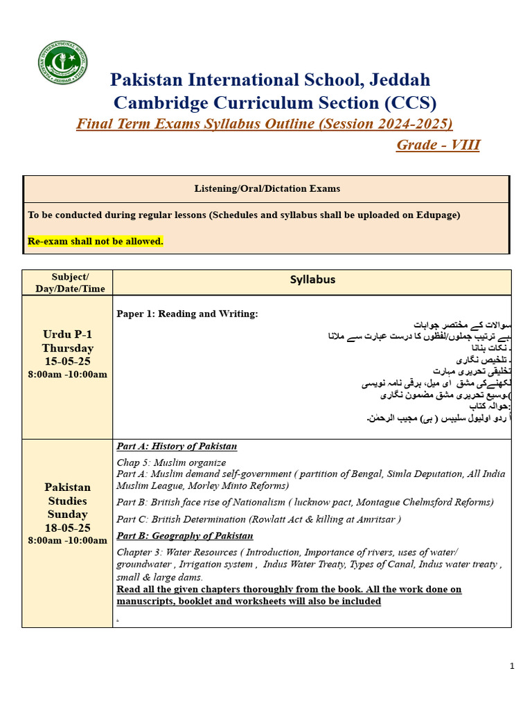 Grade 8 Final Exams Schedule & Syllabus Outline 2024-25 | PDF | Hadith ...