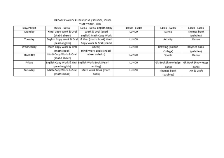 LKG Timetable 2025 - Dreams Valley School | PDF